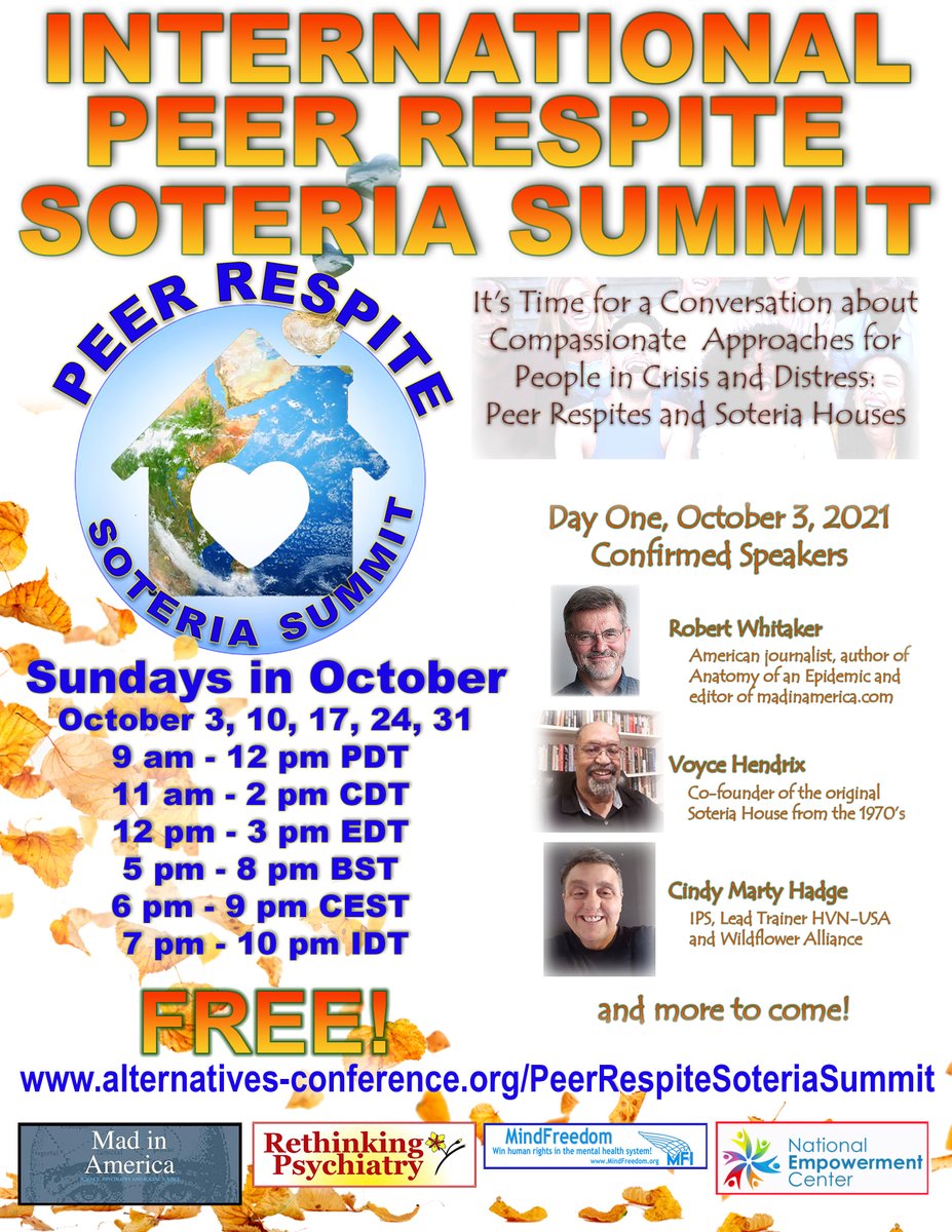 International Peer Support Soteria Summit! Sundays in October 5-8pm (BST). Please share! @cityalan @mickmckeown2016 @DBDouble @joannamoncrieff @Mothermindful
