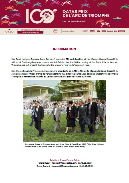 francegalop's tweet photo. 📣 Communiqué France Galop :
Son Altesse Royale la Princesse Anne sera présente à l'hippodrome @Paris_Longchamp pour la 100ème édition du #Qatar Prix de l'Arc de Triomphe.
#QPAT #100ARC @Q_REC 👇 https://t.co/jf72KxPJjc