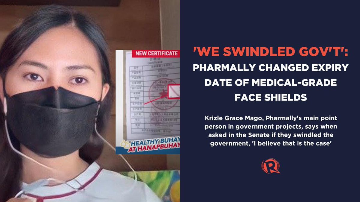 rapplerdotcom's tweet photo. In a stunning admission, Krizle Grace Mago, Pharmally Pharmaceutical's main point person to government projects, said she was instructed to tell warehouse staff to change expiry dates on medical-grade face shields. #BudgetWatch 

https://t.co/UacToAJFak https://t.co/vzLSCOMEKa