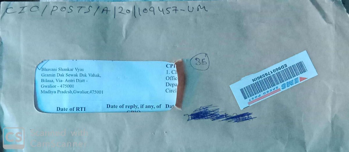 <a href="/IndiaPostOffice/">India Post</a> माननीय यह आर्टिकल 16/09/2021 को बुक हुआ और दिल्ली से तीसरे दिन 18/09/2021 को ग्वालियर आ गया उसके बाद #NSH_ग्वालियर में ही यह पत्र छै: दिन तक रुका रहा आज दिनांक 24/09/2021 को 13:40 PM पर प्राप्त हुआ इसकी जांच करवाने की कृपा करें यह पत्र जान बूझ कर रुकवाया गया था <a href="/AshwiniVaishnaw/">Ashwini Vaishnaw</a>