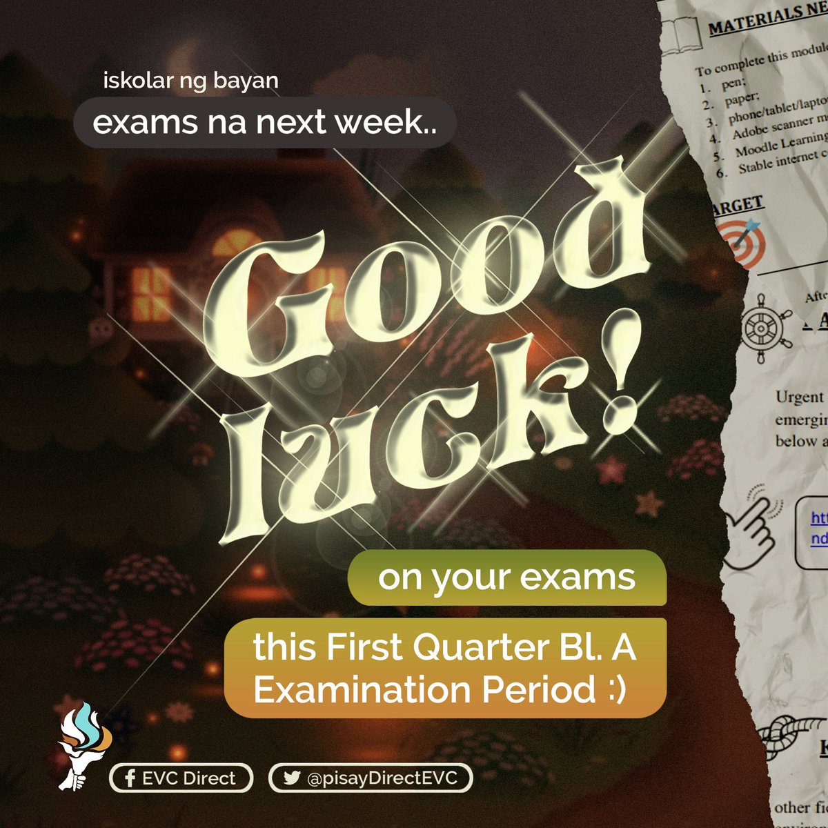 pisaydirectEVC's tweet photo. 𝐆𝐨𝐨𝐝 𝐞𝐯𝐞𝐧𝐢𝐧𝐠, 𝐏𝐢𝐬𝐚𝐲! 🪐
It’s the first exam period 🌟 of S.Y. 2021-2022. We’d like to wish you the 𝐛𝐞𝐬𝐭 𝐨𝐟 𝐥𝐮𝐜𝐤 that you may conquer your upcoming exams 𝘸𝘪𝘵𝘩 𝘦𝘢𝘴𝘦 for a fruitful school year ahead. 🤍
#EVCDirect
#EXAMamazing
#AhTalagaBaSharmaine https://t.co/xzHYncDseh