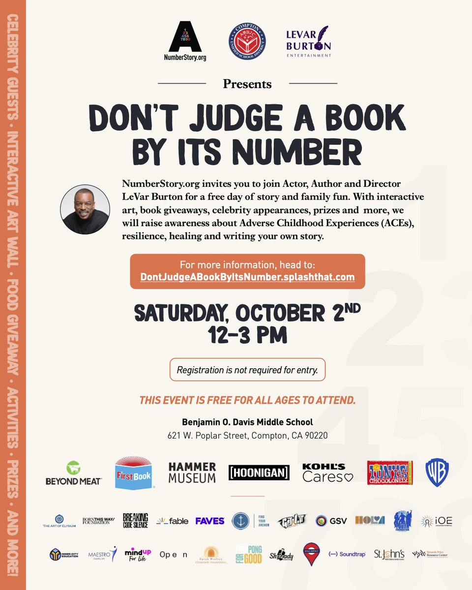 ComptonUnified's tweet photo. We're proud to partner with @mynumberstory  to present "Don't Judge a Book By Its Number" happening on Saturday, Oct. 2 at 12 pm. We'll be joined by Actor, Author and Director @levarburton for a free day of story and family fun. More info here https://t.co/x48GrBwJXN https://t.co/DAY6E9pJBL