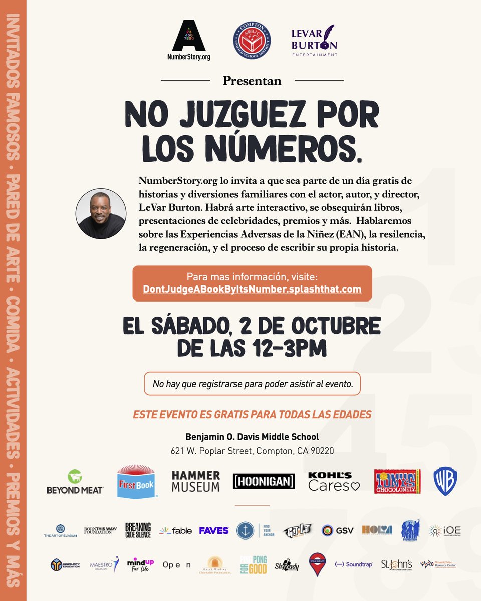 ComptonUnified's tweet photo. We're proud to partner with @mynumberstory  to present "Don't Judge a Book By Its Number" happening on Saturday, Oct. 2 at 12 pm. We'll be joined by Actor, Author and Director @levarburton for a free day of story and family fun. More info here https://t.co/x48GrBwJXN https://t.co/DAY6E9pJBL