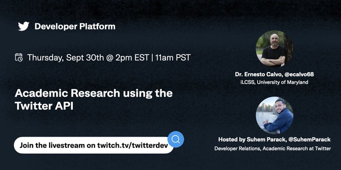 Join us for our next live stream for academic research using the #TwitterAPI, next Thursday Sept 30th<a href="/tag/twitterapi"class="tags"><span>#twitterapi</span></a>