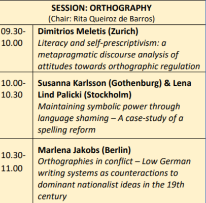 prescriptivism6's tweet photo. 9:30 – 11:00

Session: Orthography
with Dimitrios Meletis (Zurich);
Susanna Karlsson (Gothenburg) &amp; Lena Lind Palicki (Stockholm)
and Marlena Jakobs (Berlin)

#Prescriptivism2021 https://t.co/1LhJwGJpkE