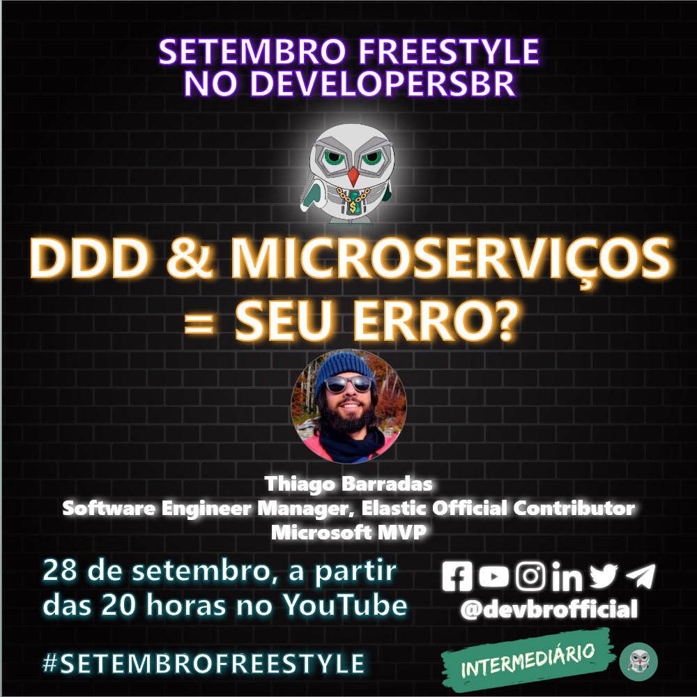 Será que "DDD &amp; Microsserviços = Seu erro?", Developer?

Calma! O <a href="/_thiagobarradas/">Thiago Barradas</a> não está falando que você não deve usar, apenas que você (provavelmente) está fazendo tudo errado!

Curioso? Então se liga na talk do #SetembroFreestyle:
> bit.ly/devbr-freestyl…<

#GoDevelopersBr