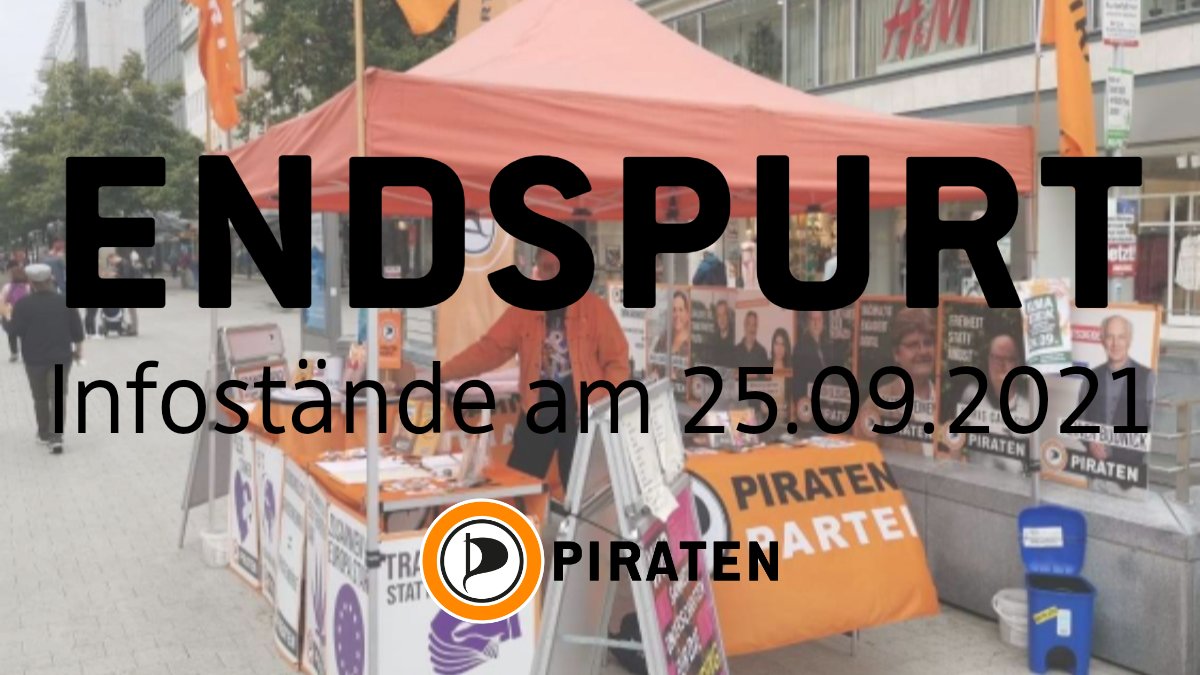 Hintergrund, leicht verblasstes Foto eines Infostands, darauf Text: Endspurt Infostände am 25.09.2021