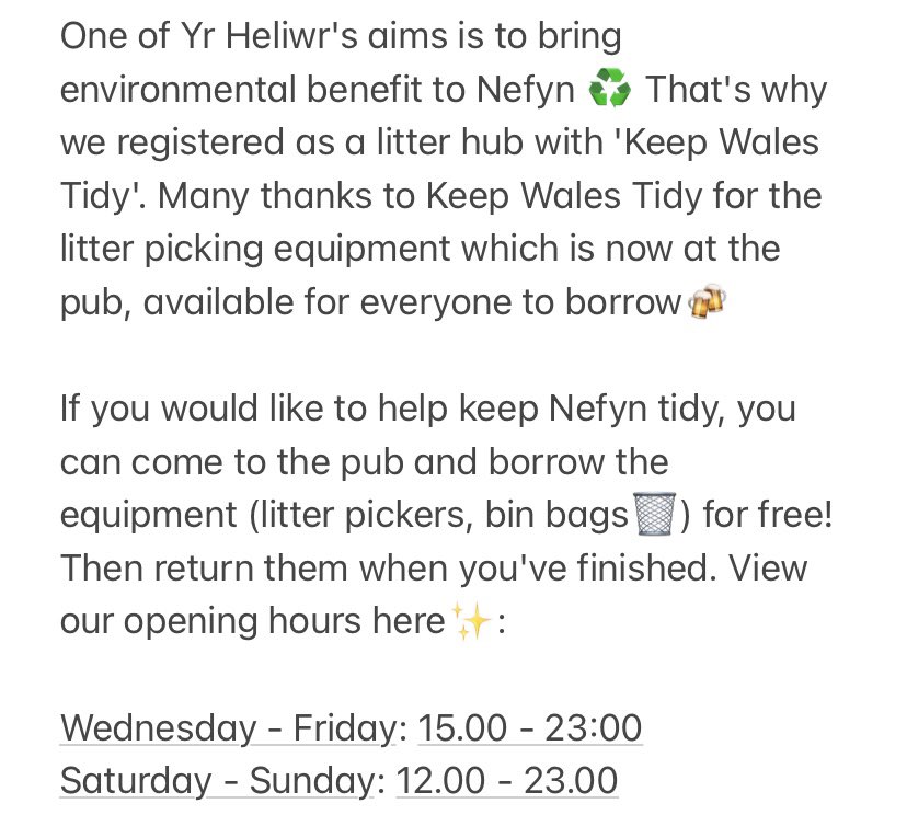 yrheliwrnefyn's tweet photo. Arhoswch am beint ar ol eich gwaith caled!🍻

Stay for a pint after your hard work!🍻 https://t.co/o8zPkjWkS1