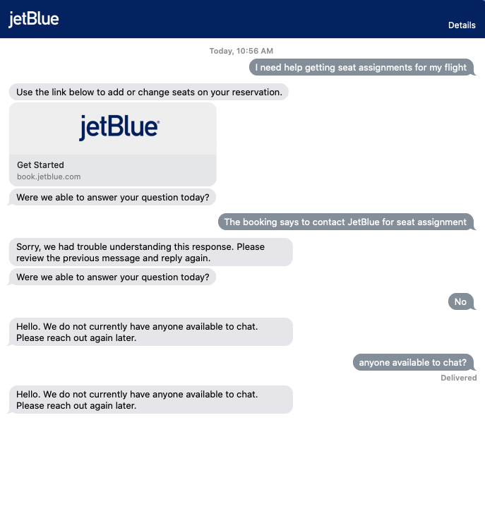 WiFiJT's tweet photo. @JetBlue do better - all I want to do is select a seat - on hold for over an hour - no chat either https://t.co/wEJqrZUvBC