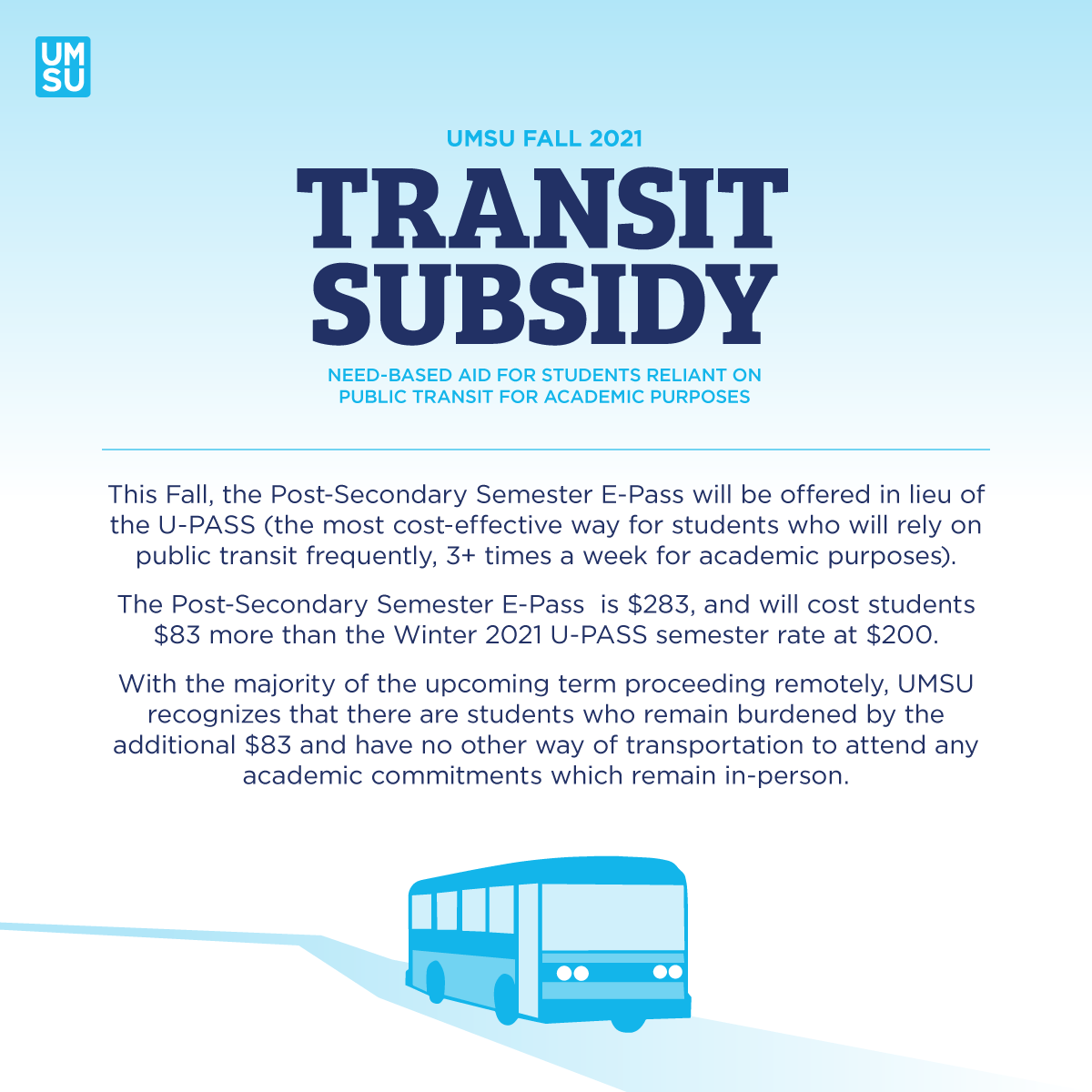 MyUMSU's tweet photo. π¨ Applications for Fall 2021 Transit Subsidy are now open! π¨
Swipe through this post to learn more about the program! π Applications close on October 24, 2021. Head to the link below for the application:
https://t.co/mrcZtSKjwB
#MyUMSU #UMSU #TransitSubsidy https://t.co/PZfUuggRjF