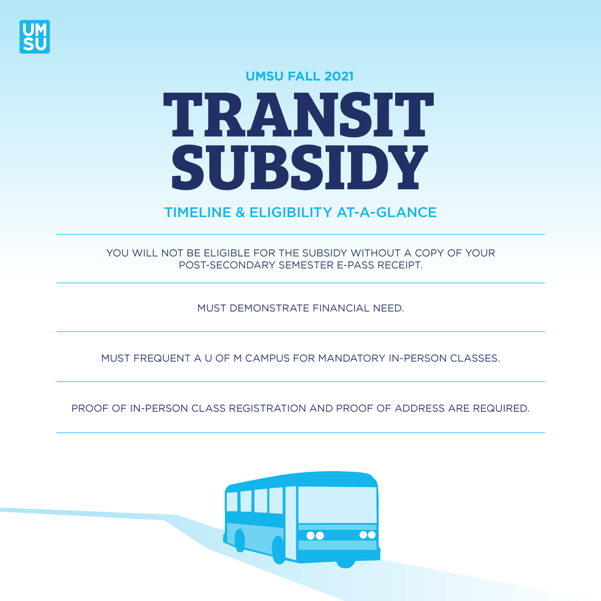 MyUMSU's tweet photo. π¨ Applications for Fall 2021 Transit Subsidy are now open! π¨
Swipe through this post to learn more about the program! π Applications close on October 24, 2021. Head to the link below for the application:
https://t.co/mrcZtSKjwB
#MyUMSU #UMSU #TransitSubsidy https://t.co/PZfUuggRjF