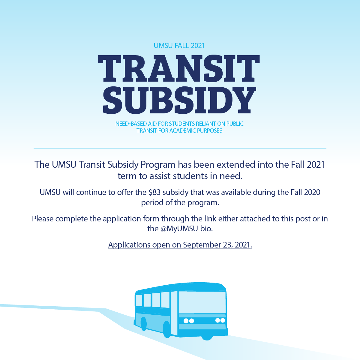 MyUMSU's tweet photo. π¨ Applications for Fall 2021 Transit Subsidy are now open! π¨
Swipe through this post to learn more about the program! π Applications close on October 24, 2021. Head to the link below for the application:
https://t.co/mrcZtSKjwB
#MyUMSU #UMSU #TransitSubsidy https://t.co/PZfUuggRjF