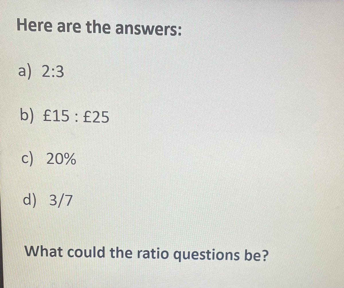 Bassaleg_Maths's tweet photo. Mrs Hockridge’s Year 8 class have been working hard writing possible ratio questions for a selection of given answers. https://t.co/IutyS8PEb8