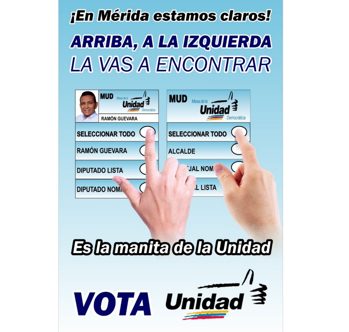 ThaisRoa's tweet photo. 👍🏻���🇪  En Mérida estamos claros. Todos votaremos en la tarjeta de la MUD, arriba en la tercera línea de la izquierda 👍🏻 @RamonGuevaraMRD EL GOBERNADOR https://t.co/UKX3NAXyln