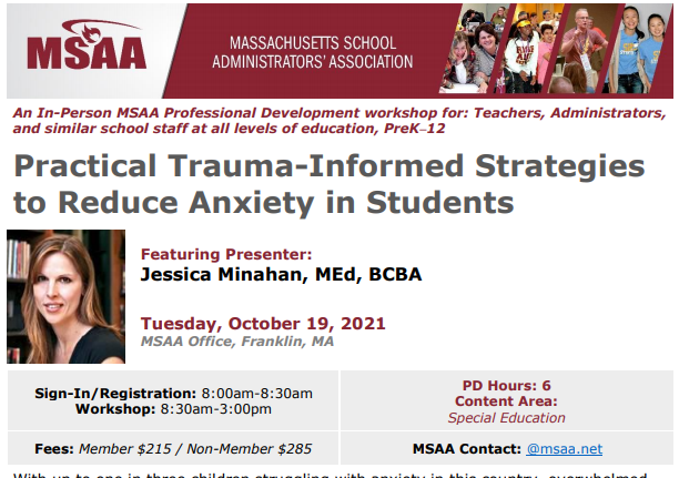 MSAA_33's tweet photo. MSAA PD Offering - October 19, 2021

Practical Trauma-Informed Strategies To Reduce Anxiety in Students presented by @jessica_minahan

Click here to register, https://t.co/eI6Ias0C4S

@MikeCmssaa @bwittcoff @jvincentsen @KBrouillard12 @LarryMurphyMSAA @MIAA033 https://t.co/tMpPaR43JI