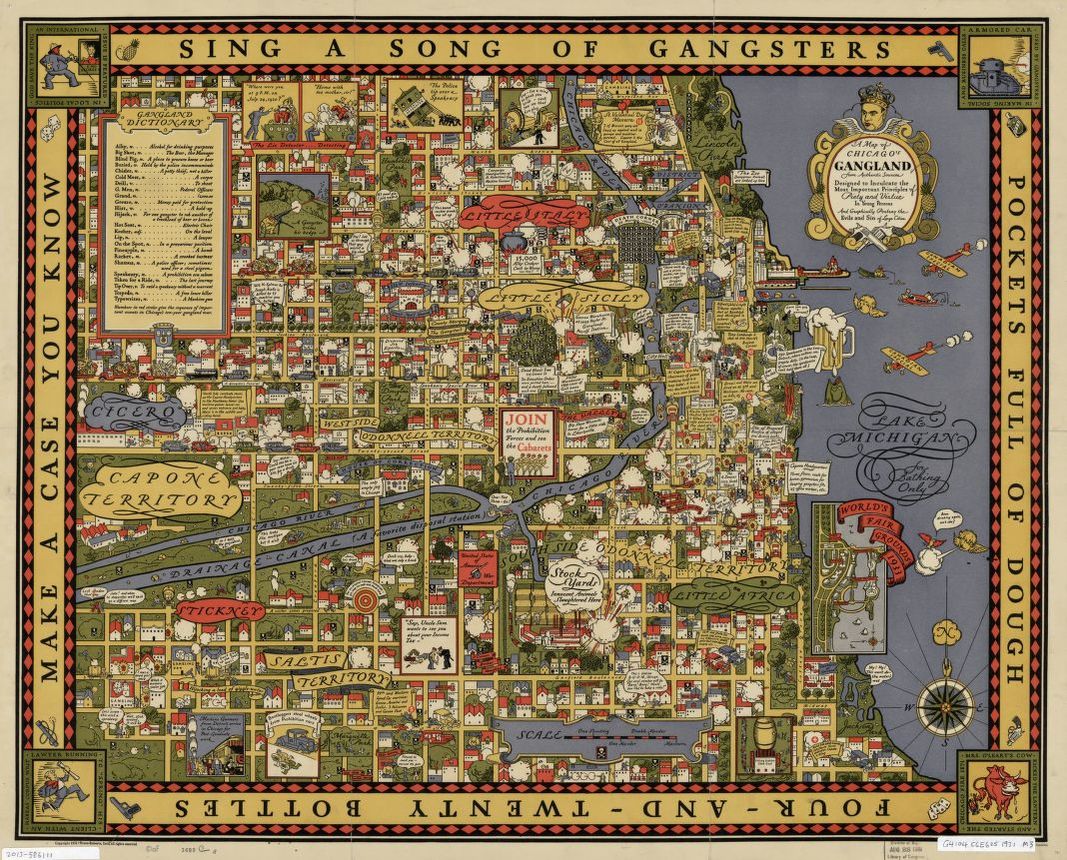 LOCMaps's tweet photo. This map of Chicago’s “gangland” depicts the territories of various 1930s gangsters. The cartouche, or decorative illustration around the map’s title, even seems to include an apparent depiction of Al Capone along with two handguns. 

Have a look: https://t.co/tQxQ8miyrG https://t.co/XbklbsIcVj