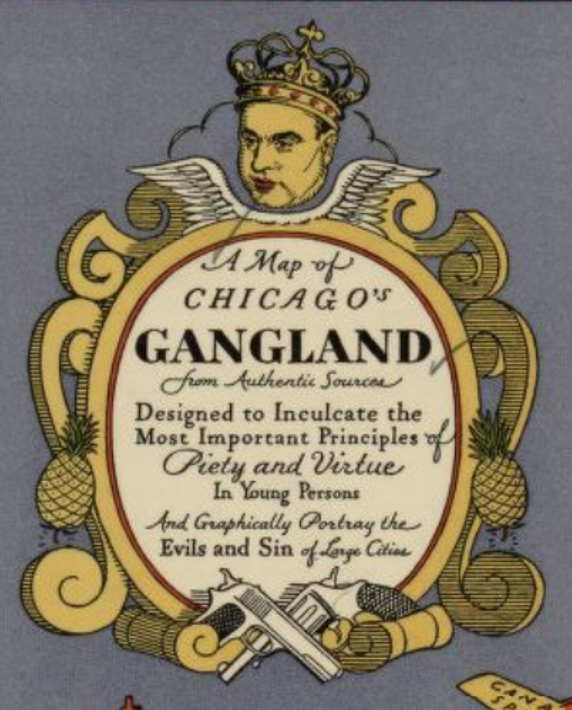LOCMaps's tweet photo. This map of Chicago’s “gangland” depicts the territories of various 1930s gangsters. The cartouche, or decorative illustration around the map’s title, even seems to include an apparent depiction of Al Capone along with two handguns. 

Have a look: https://t.co/tQxQ8miyrG https://t.co/XbklbsIcVj