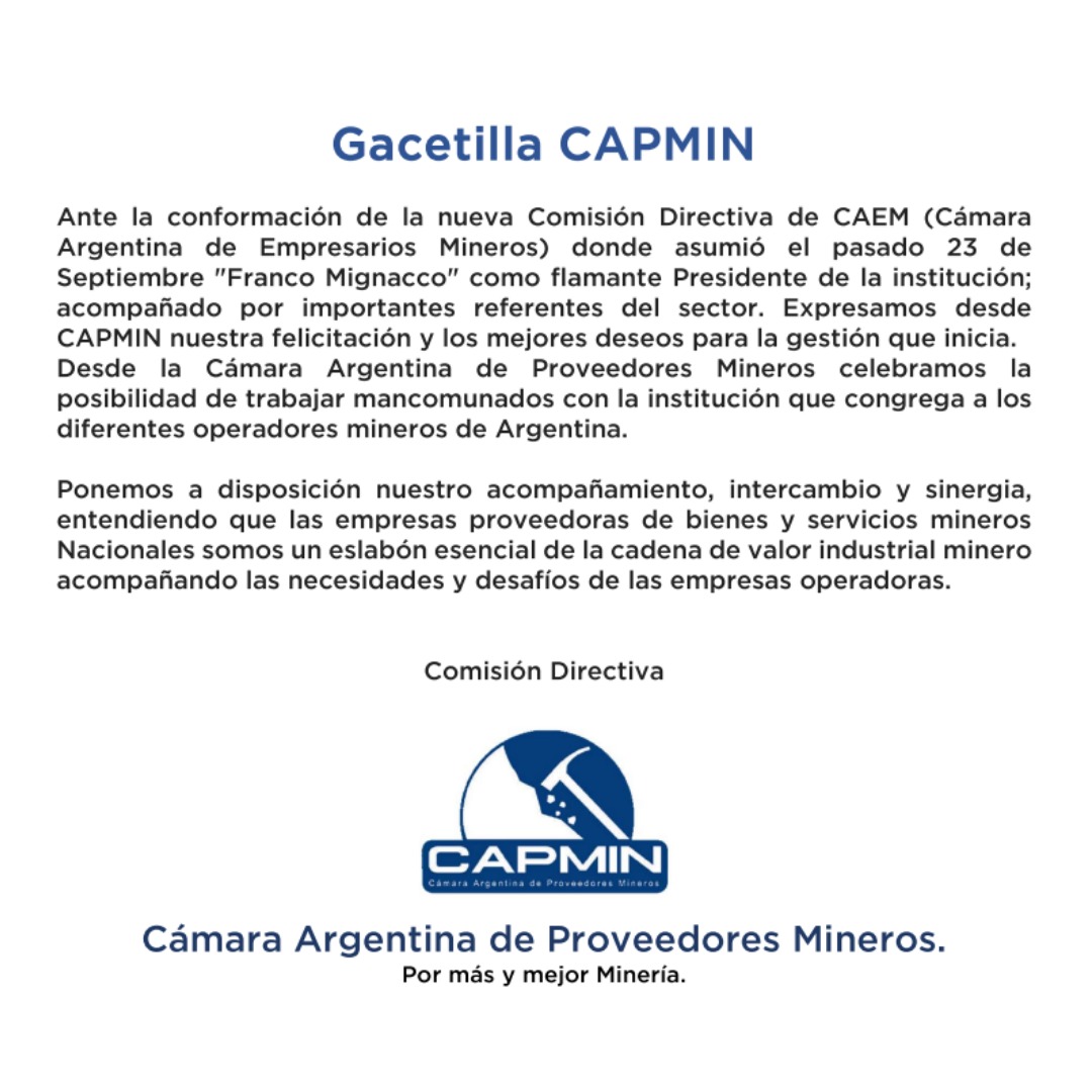 CapminOficial's tweet photo. ¡Información importante!

Capmin - Cámara Argentina de proveedores mineros

"Por más y mejor minería" https://t.co/vfkZveBQHd