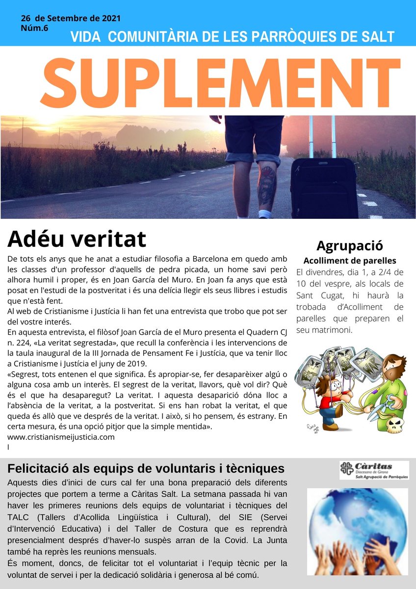 santjaumedesalt's tweet photo. Us oferim el suplement d'aquesta setmana.
✅Sense títol - Reflexió setmanal
✅Reunió del Consell Parroquial
✅La setmana que ve torna l' #esplaiKids
✅ Inscripcions de l'Esplai
✅ Iniciem el #minikids un esplai de 3a5 anys dissabtes https://t.co/1MBpHuorlB
