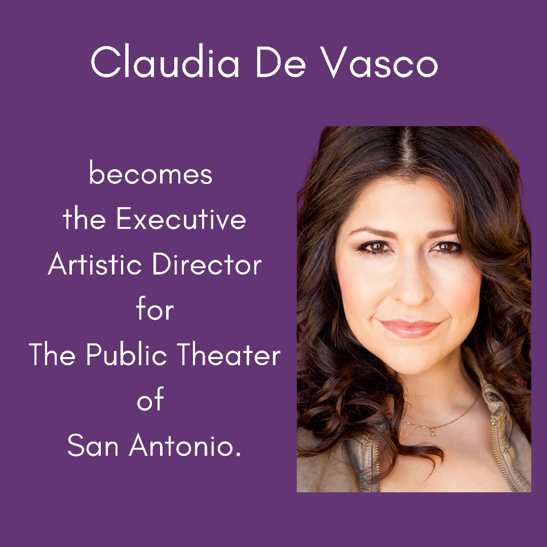 ¡Felicidades Claudia! Según artsconsulting.com, @ThePublicSA  seleccionó a Claudia de Vasco para ser su nueva Directora Artística Ejecutiva a partir del 21 de septiembre de 2021. 

Claudia es una mexicana americana de primera generación de Houston, Texas.🇲🇽