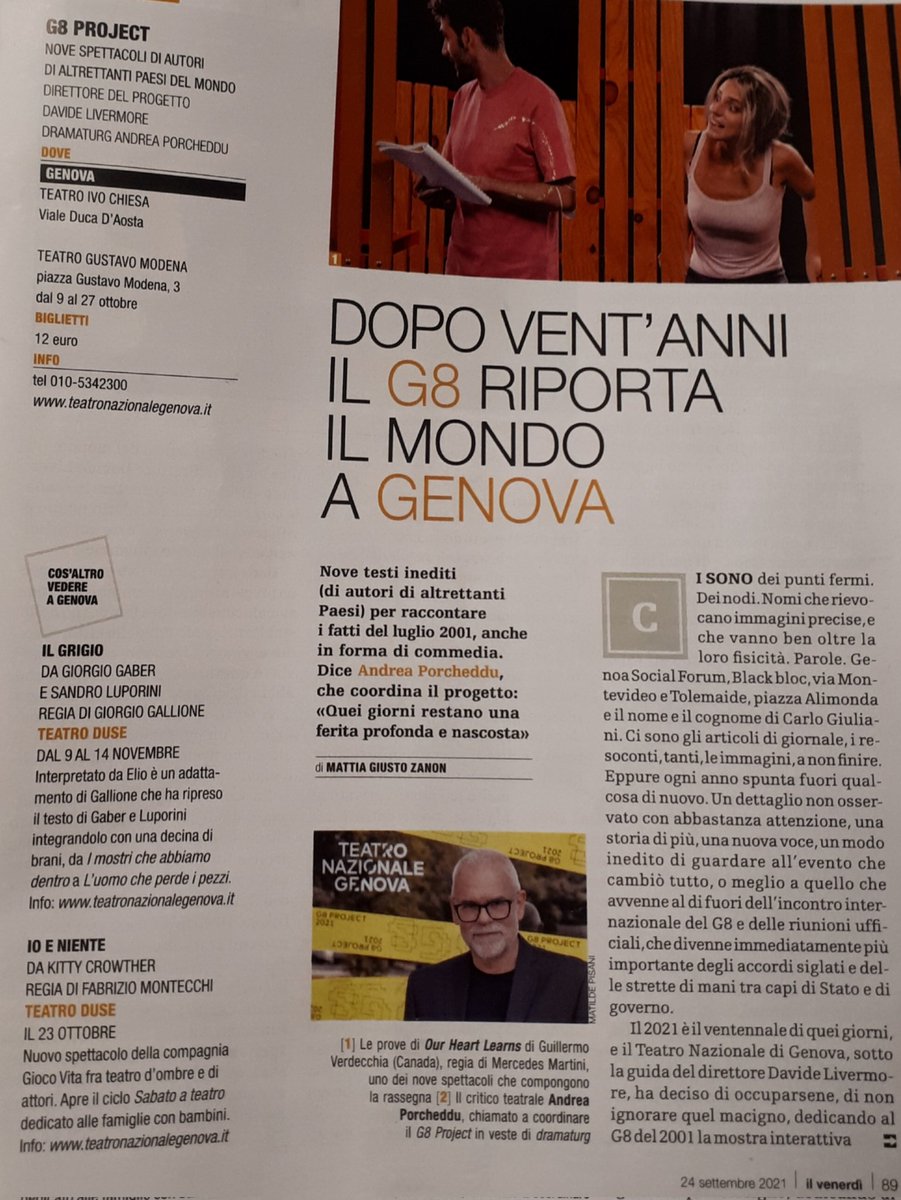teatrodigenova's tweet photo. Il teatro che spettacolo! Oggi nello speciale de @ilvenerdi una bella presentazione del #G8project con intervista al nostro dramaturg @andreaporcheddu https://t.co/S0DG5TAW5z