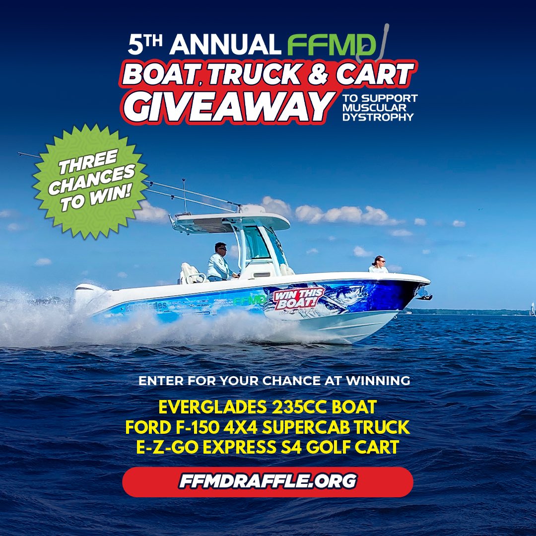 Have you checked out ffmdraffle.org to learn how to support <a href="/MDAorg/">Muscular Dystrophy Association</a> and those affected with #musculardystrophy. It’s our 5th annual Boat, Truck, amd Golf Cart Raffle. <a href="/EvergladesBoats/">Everglades Boats</a> <a href="/YamahaOutboards/">Yamaha Outboards</a> <a href="/GarminMarine/">Garmin Marine</a> <a href="/AppleFordLM/">Apple Ford</a> <a href="/EZGOvehicles/">E-Z-GO</a> <a href="/FishingForMD/">Fishing for MD FFMD</a> #winaboat #mda