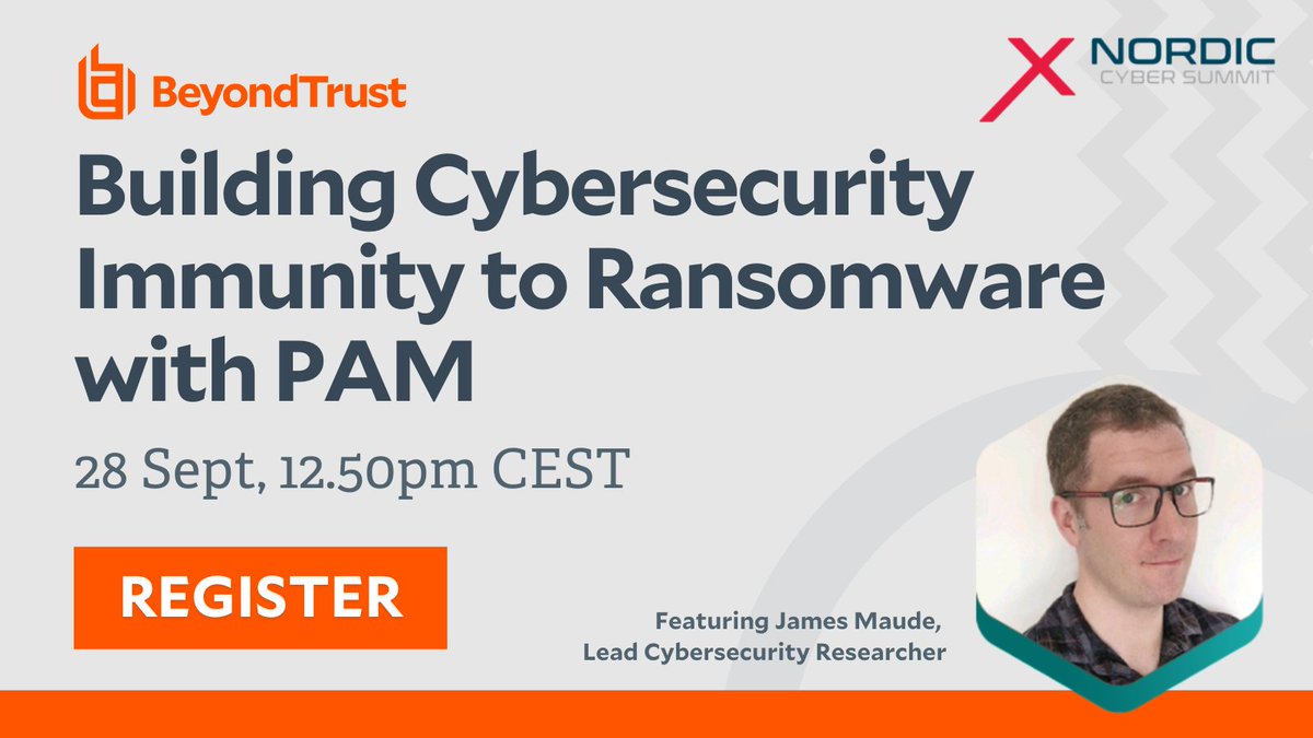 BeyondTrust's tweet photo. Got your tickets to the Nordic Cyber Summit yet? Come along on September 28 to see our Lead Cybersecurity Researcher, James Maude, look at how #PAM can help you to become immune to #ransomware!

Register here:
https://t.co/NfH3f6nxMF

#cybersecurity #NordicCyberSummit #infosec https://t.co/91mnMKjEbM