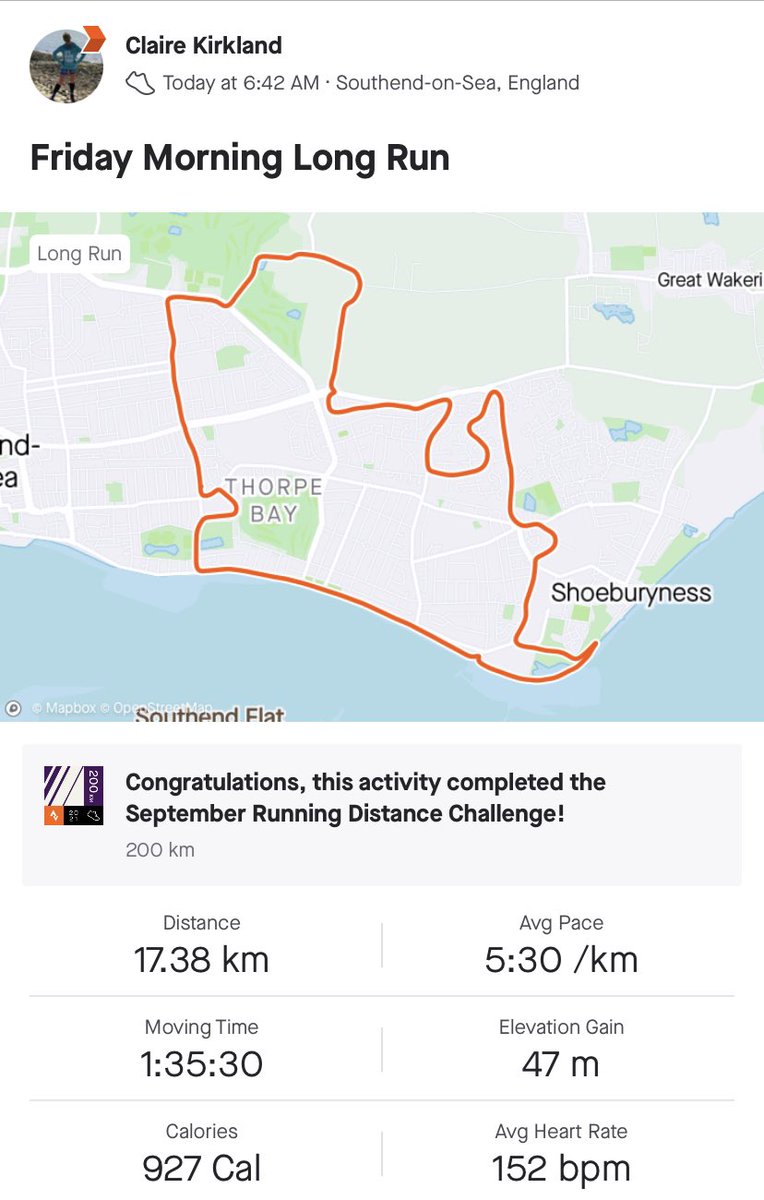 cK_Kirkland's tweet photo. Last distance run completed this morning before a night away with the Hubby 🥰 once the legs got going it felt OK but was pleased to finish - looking forward to a quieter running week next week ready for next Sunday 🏃🏼♀️ #ukrunchat #running #Southend #pacerun #morningrun https://t.co/LX03KfEaUF