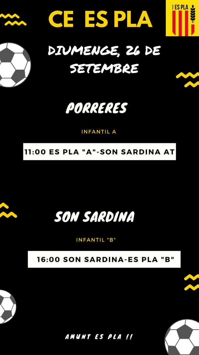 ce_pla's tweet photo. Els infantils també comencen la lliga aquest cap de setmana. Doble enfrontament contra la @ad_son_sardina. Infantil A a Porreres, infantil B a Son Sardina

⚫⚫⚽⚽ https://t.co/MY1bRWKSy5