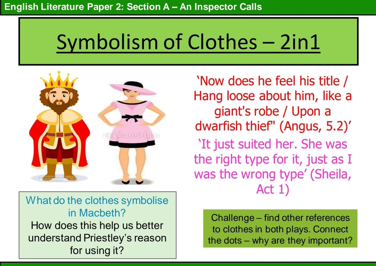 FaridaMili's tweet photo. For both Macbeth and Sheila, their ill fitting clothes emblemise their undeserved privledge. Priestley takes this further by also using it to symbolise Eva's undeserved lack of privledge. @Team_English1 what else? https://t.co/TKohTI8qDa