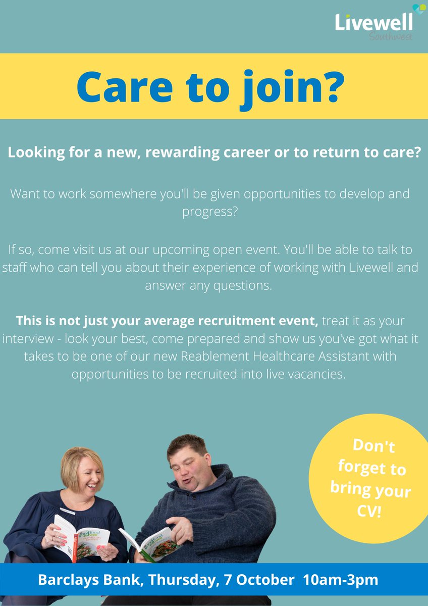 Livewell Southwest (@livewellsw) on Twitter photo Have you got what it takes to be one of our new Reablement Healthcare Assistants?! ๐ง
If so, pop to Barclays Bank on Thursday, 7 October between 10am-3pm to find out more about this rewarding role.
More details below๐ <a href="/LaunchpadPlym/">Skills Launchpad Plymouth</a> <a href="/JCPinPlymouth/">JCP in Plymouth</a> @cityplym <a href="/plymouthcc/">Plymouth City Council</a> Have you got what it takes to be one of our new Reablement Healthcare Assistants?! ๐ง
If so, pop to Barclays Bank on Thursday, 7 October between 10am-3pm to find out more about this rewarding role.
More details below๐ <a href="/LaunchpadPlym/">Skills Launchpad Plymouth</a> <a href="/JCPinPlymouth/">JCP in Plymouth</a> @cityplym <a href="/plymouthcc/">Plymouth City Council</a>