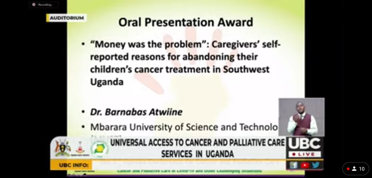 PCAUganda's tweet photo. The oral presentation award at the 3rd Uganda Conference On Cancer and Palliative care goes to Dr Barnabas Atwiine from Mbarara University of Science and Technology . Congratulations to him.
#PalliativeCare4AllUg
#3UgCaPconference https://t.co/NTtqbtykG0