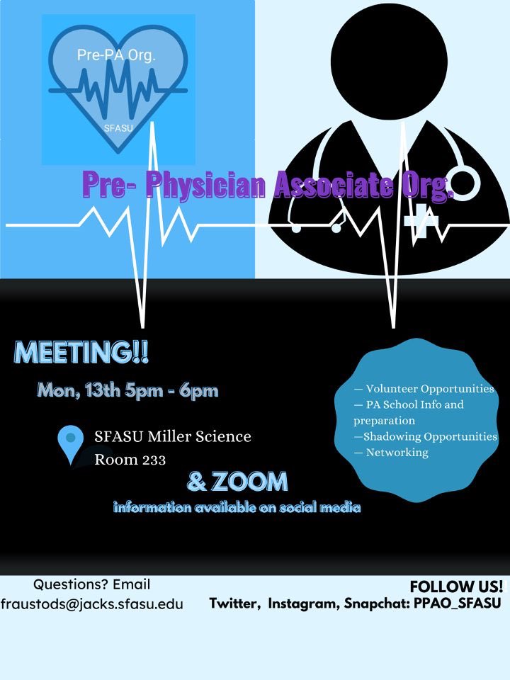 PPAO_SFASU's tweet photo. Come join us for our next meeting on Monday 9/27 in Miller 233 or via Zoom💜 https://t.co/351Yz2G8Pp