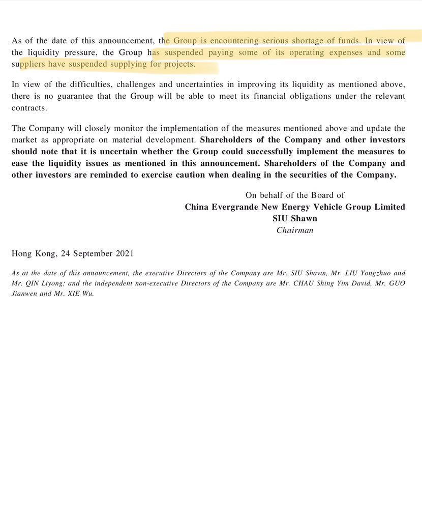 onlyyoontv's tweet photo. #China #property developer #Evergrande’s EV unit alerts Hong Kong exchange of its “serious shortage of funds”. Says it has suspended paying some of its operating expenses, some suppliers have suspended supplying for projects. https://t.co/2eMct9aa2k