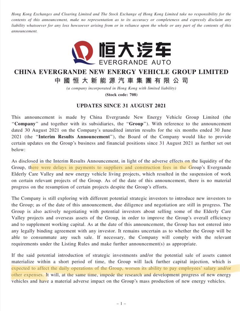 onlyyoontv's tweet photo. #China #property developer #Evergrande’s EV unit alerts Hong Kong exchange of its “serious shortage of funds”. Says it has suspended paying some of its operating expenses, some suppliers have suspended supplying for projects. https://t.co/2eMct9aa2k