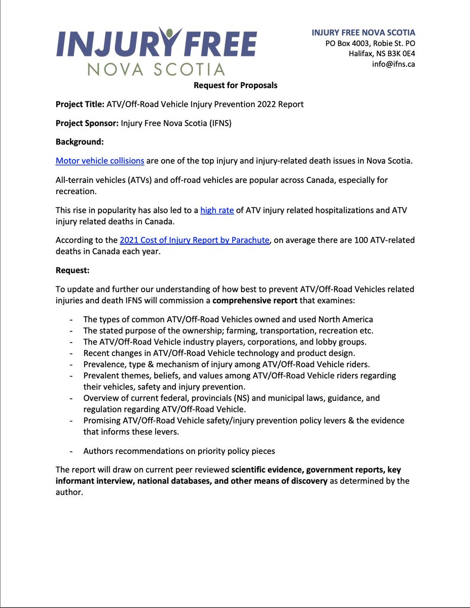 InjuryFreeNS's tweet photo. IFNS is a provincial non-profit committed to eliminating serious and preventable injuries in NS. 

We are interested in investigating how best to prevent ATV/Off-Road Vehicles related injuries and death in Nova Scotia.

Attached is a request for proposal with contact info. https://t.co/msormg6Z1S