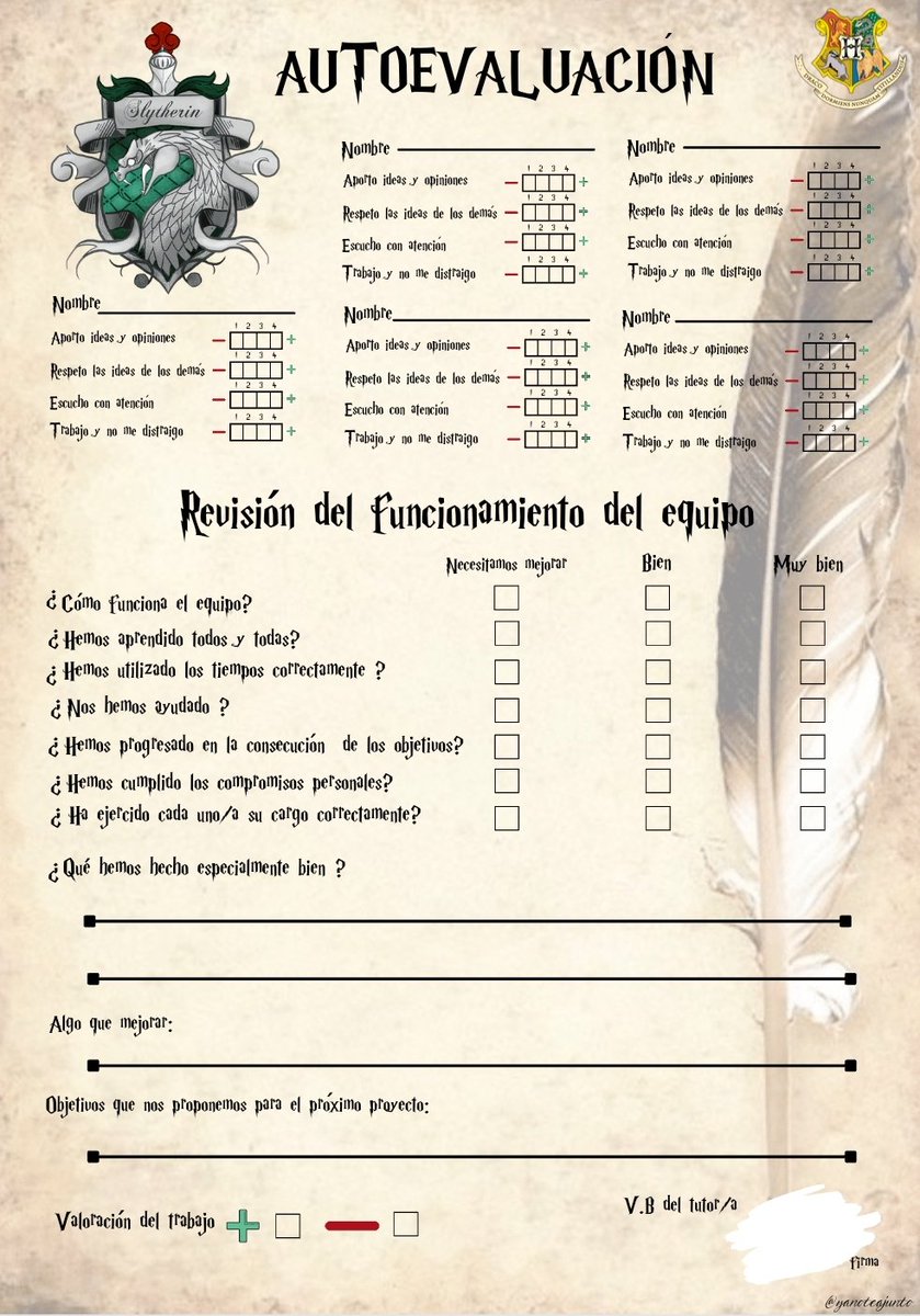 Comparto pack del trabajo cooperativo en el aula #harrypotter.
Incluye cuadernos de equipo de las cuatro casas con el plan de equipo, la autoevaluación ( @maestrorafa86)y plantillas de escritura. Sigue 👇