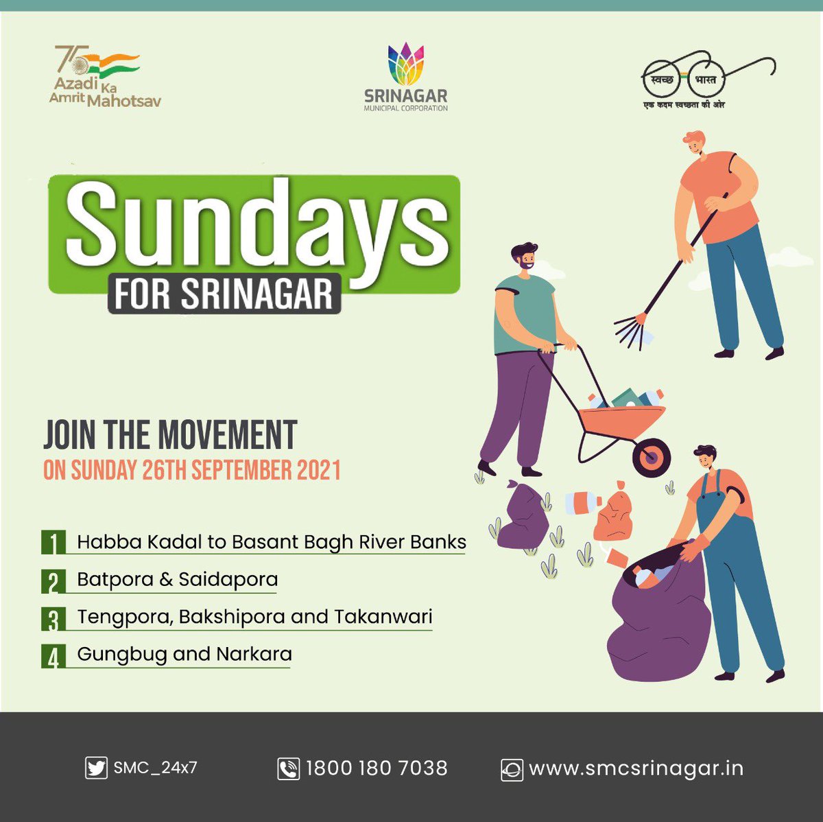 SMC_Srinagar's tweet photo. #SundaysForSrinagar
This Sunday join us for cleanliness drives at these locations!
Sunday 26th September 2021 for making our city cleaner!!
#CleanSrinagar
#SwachhtaWeek https://t.co/m1GYrpHekE