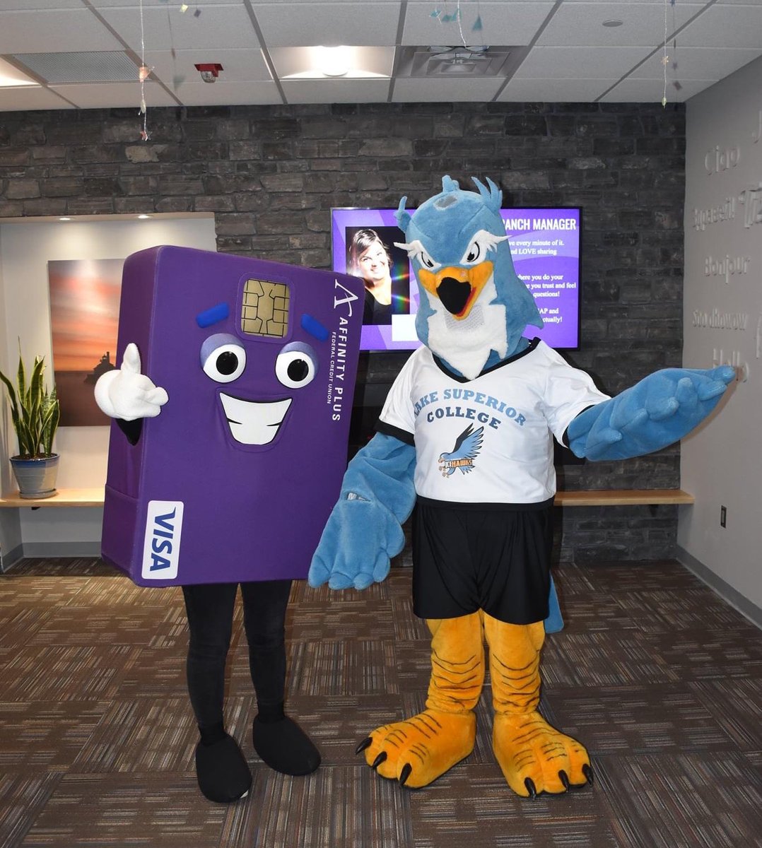 LSC_Duluth's tweet photo. A great match: Chip & HawkEye the IceHawk (awesome mascots) , and @Affinity_Plus and @LSC_Duluth! Welcome to our beautiful campus community, Affinity Plus Credit Union. Together, we’re focused on supporting students and community. #LakeSuperiorCollege #VisitLSC #LSCproud #Duluth https://t.co/EnBTtvvnVj