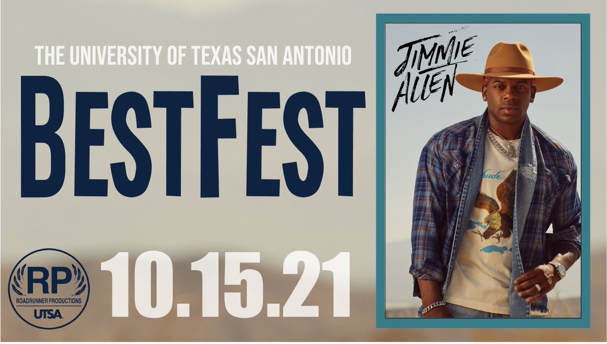Roadrunner Productions is giving it their ‘Best Shot’ by presenting JIMMIE ALLEN as the 2021 Headliner Artist for BestFest!  

Click the link below for more information on tickets and the event. #utsahc21  #nowandforever

bit.ly/BestFest2021

<a href="/UTSA/">UT San Antonio</a> @UTSAStuAct @UTSAStudents