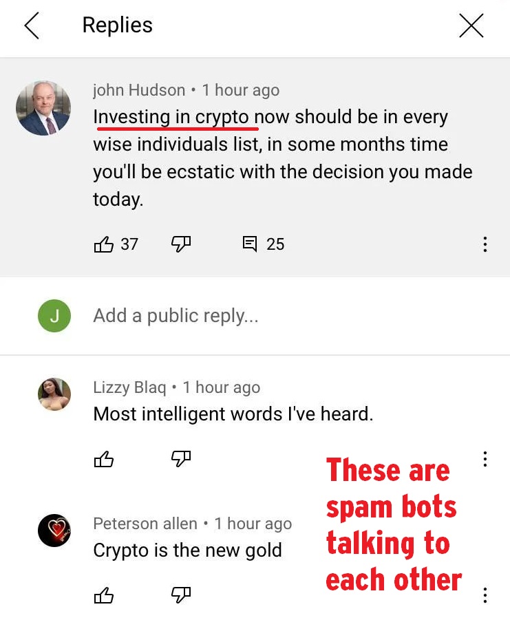 scamadviser's tweet photo. ** Comment Spam Bots on YouTube **
YouTube is currently overrun with spam bots that 'talk' to each other. The goal is to promote fraudulent crypto investment schemes. The comments are nothing but spam advertising.
#Youtube #Spam #CommentSpam #SpamAdvertising https://t.co/w3CT1oUHU0