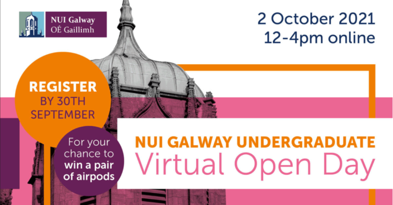 uniofgalway's tweet photo. All students that register for the NUI Galway Virtual Open Day before 11pm on Thursday 30th September, will be entered into a draw to win a pair of Apple AirPods. Register HERE!