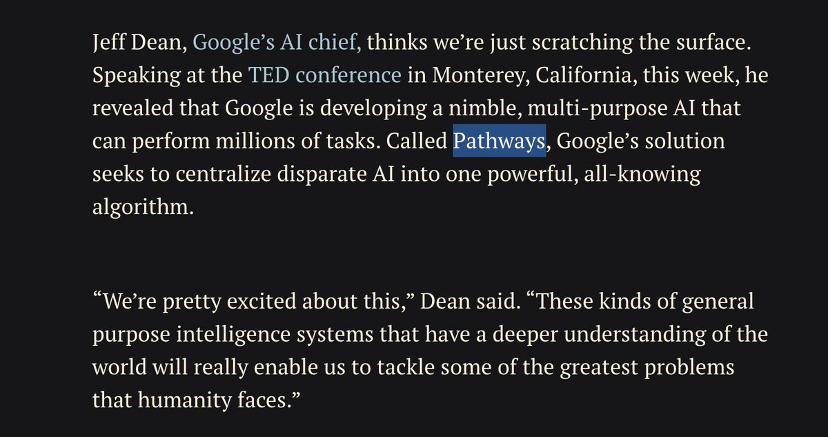 le_science4all's tweet photo. Lors de @TEDTalks, Jeff Dean, directeur de Google AI, a annoncé sans sourciller que Google développait "Pathways", l'algorithme le plus sophistiqué jamais conçu.

Lui qui avait licencié ceux qui soulevaient des préoccupations éthiques à Google...
https://t.co/Yd3jfPu0o2 https://t.co/M3yMgtM0ct