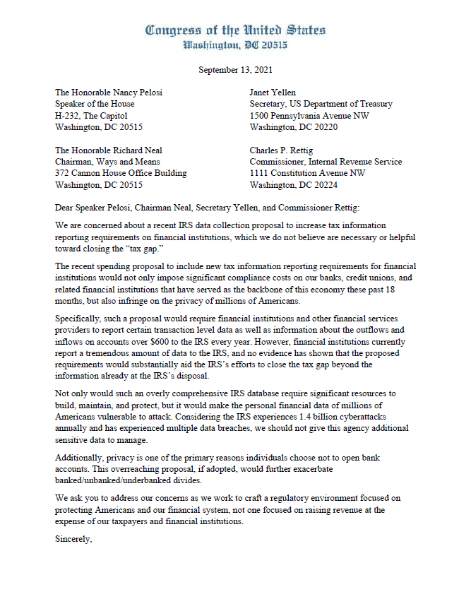 President Biden wants the IRS to monitor all bank accounts with transactions over $600. I signed onto @RepTomEmmer's letter opposing this tyrannical proposal.