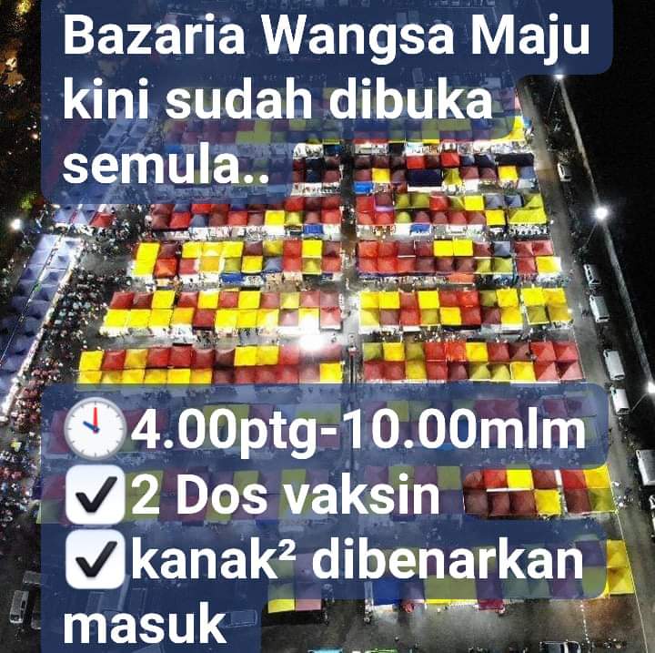 KLNetizens's tweet photo. Bazaria Wangsa Maju atau dikenali sebagai Uptown Danau Kota, kini telah dibuka semula! Waktu Operasi dari 4 petang - 10 malam.

- Yang lengkap vaksin sahaja dibenarkan
- Kanak-kanak dibenarkan

Kredit : FB Bazaria Wangsa Maju

#InfoKLN https://t.co/9oRnEKhBL1