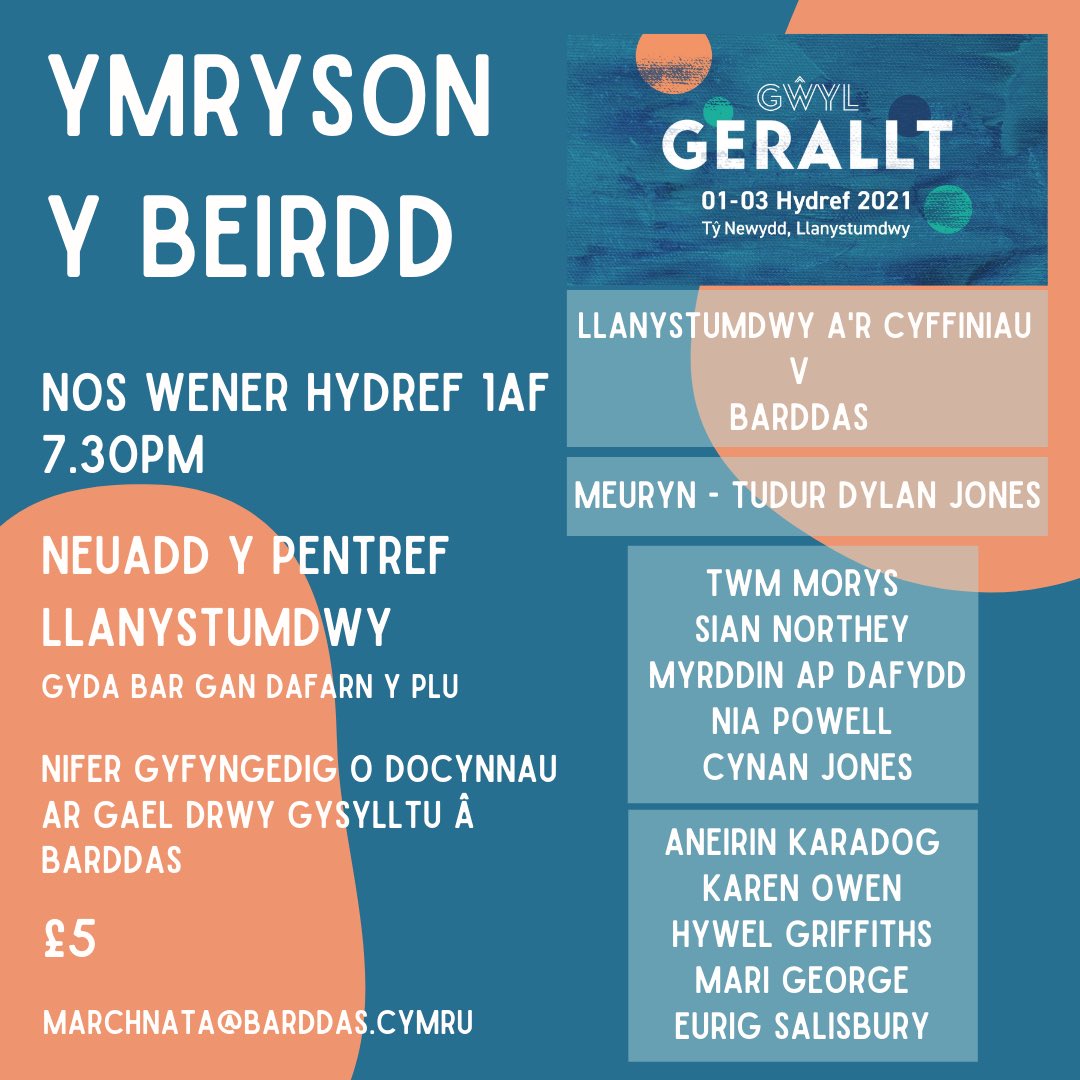 trydarbarddas's tweet photo. Mae tocynnau penwythnos Gŵyl Gerallt WEDI MYND! 😱 Ond peidiwch poeni - mae nifer bychan o docynnau ar gael ar gyfer yr Ymryson wythnos i heno. Hwrê! 🙌🏻
#ymryson #ymrysonybeirdd #gŵylgerallt #gŵylgerallt2021 #barddoni #cynganeddu #beirdd #barddas #beirddbarddas https://t.co/6SltPlvR1F
