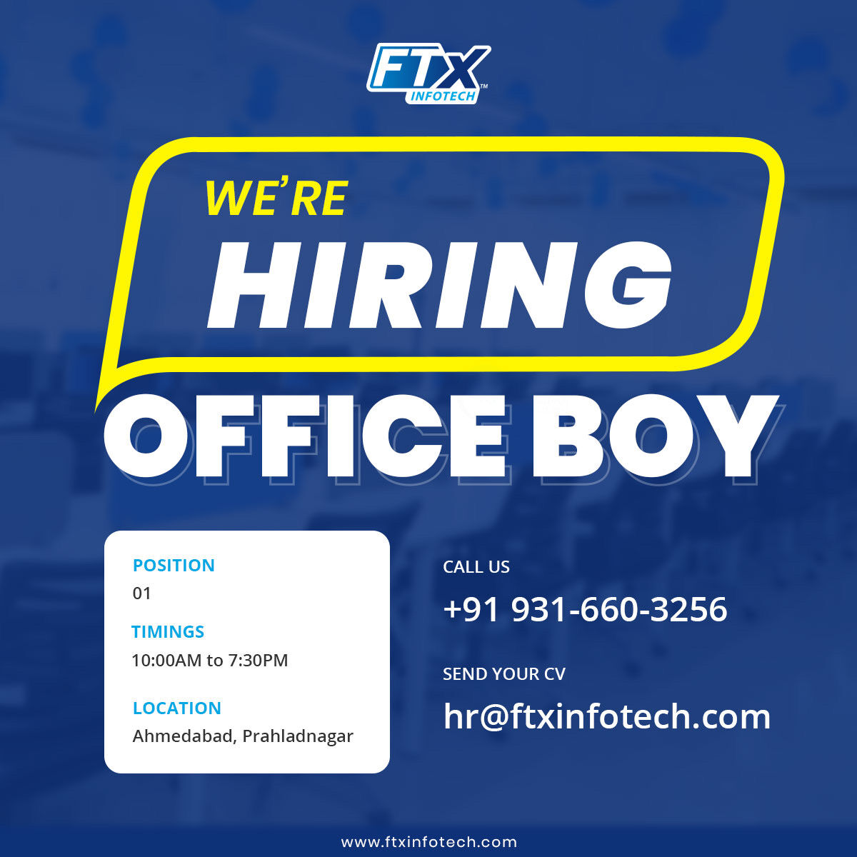 FasTraxInfotech's tweet image. Hello Everyone,  
We are Hiring for Office boy on Urgent basis at FasTrax Infotech. Contact us on +91 9316603256. Join our #TeamFasTrax.  
Our Perks:  
No bond 
5 days working  
Time: 10:00 AM to 7:30 PM 
#officeboy #ahmedabadjobs #hiring #ahmedabad  #FasTraxInfotech #FTxInfotech