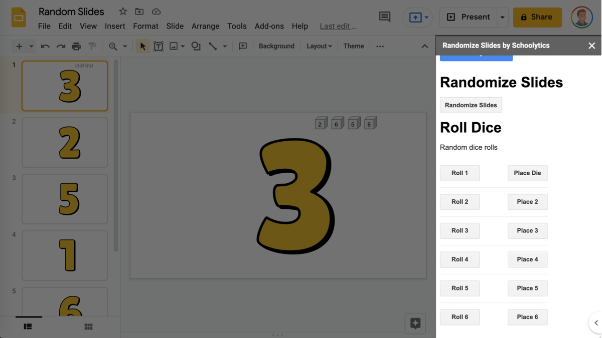 tonyvincent's tweet photo. 🎲 The Randomize Slides by @Schoolytics add-on can do 3 helpful things:

1️⃣ Randomize the order of slides within a Google Slides document
2️⃣ Roll up to 6 dice and display results in a pop-up message
3️⃣ Roll up to 6 random dice and insert them on the slide

https://t.co/67dgEAHjqV https://t.co/8IIzVxaejr