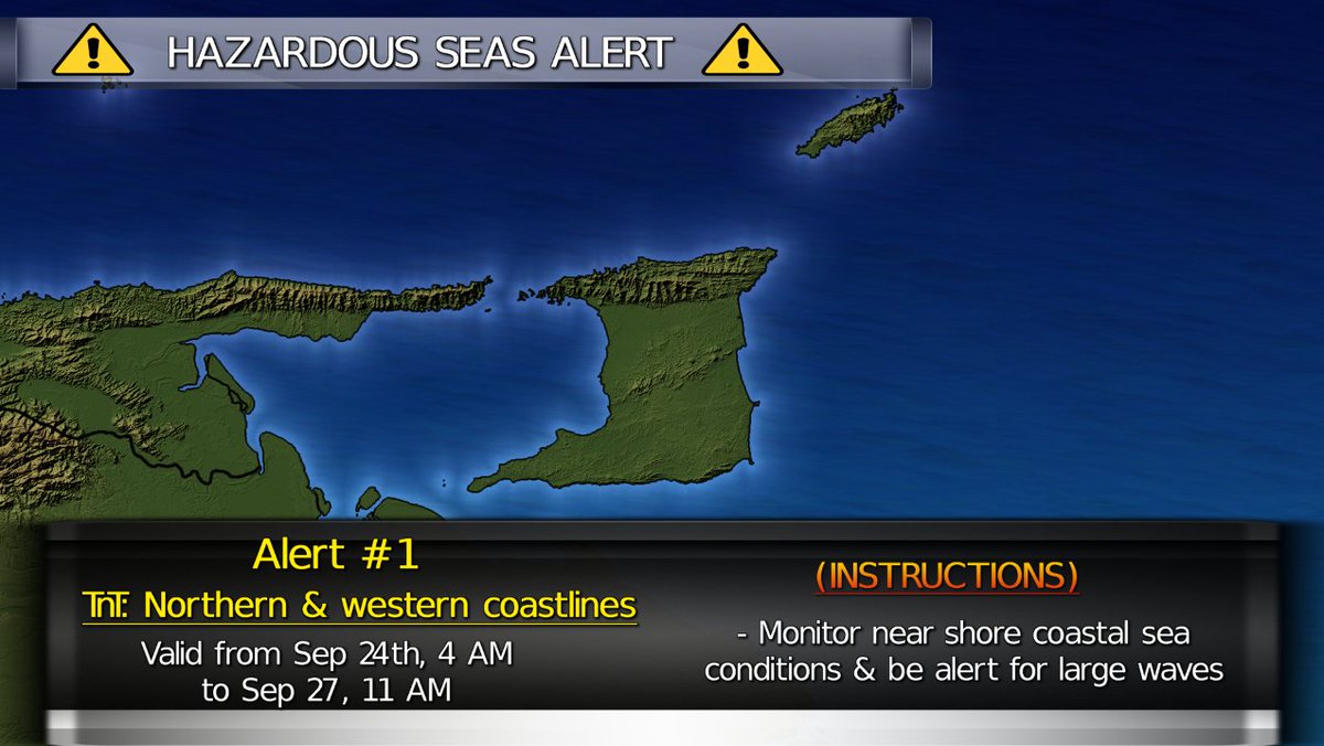 Seigonie's tweet photo. ⚠️Hazardous Seas Alert #1 - YELLOW LEVEL - in effect⚠️
⏰Fri, Sep 24, @ 4:00 AM to Mon, Sep 27, @ 11:00 AM⏰
🌊Large high energy Northerly swells can result in high surfs and occasional battering waves along west/ north coastlines of TnT @tv6tnt #ExerciseCaution #CoastalImpacts https://t.co/iwksBCg5Mi