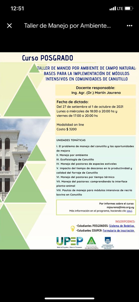 Este #ViernesDeCampoNatural es el ultimo día para inscribirse al taller de Manejo por ambiente de Campo Natural con énfasis en manejo de Canutillo. Tenemos un gran equipo  docente con <a href="/FerLattanzi/">Fernando Lattanzi</a> @andresbrissia <a href="/JeanSavian/">Jean Savian</a> <a href="/diegogiorello/">Diego Giorello</a> Martín Durante y Fernando Quadros